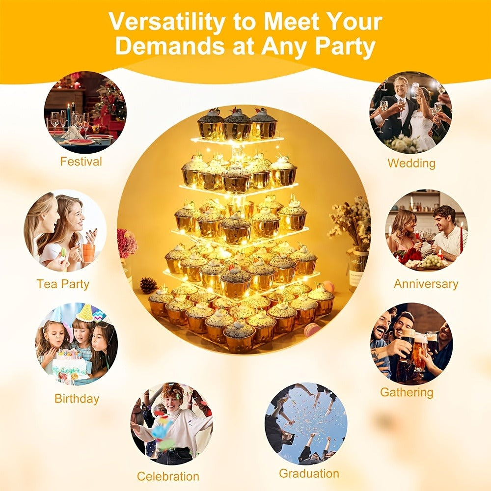 5-Tier Acrylic Cupcake Stand with LED String Lights – Square Dessert Display Tower for 60 Cupcakes Birthday Wedding Baby Shower Tea Party Elegant Transparent Cake Display Rack Easy - product image 10