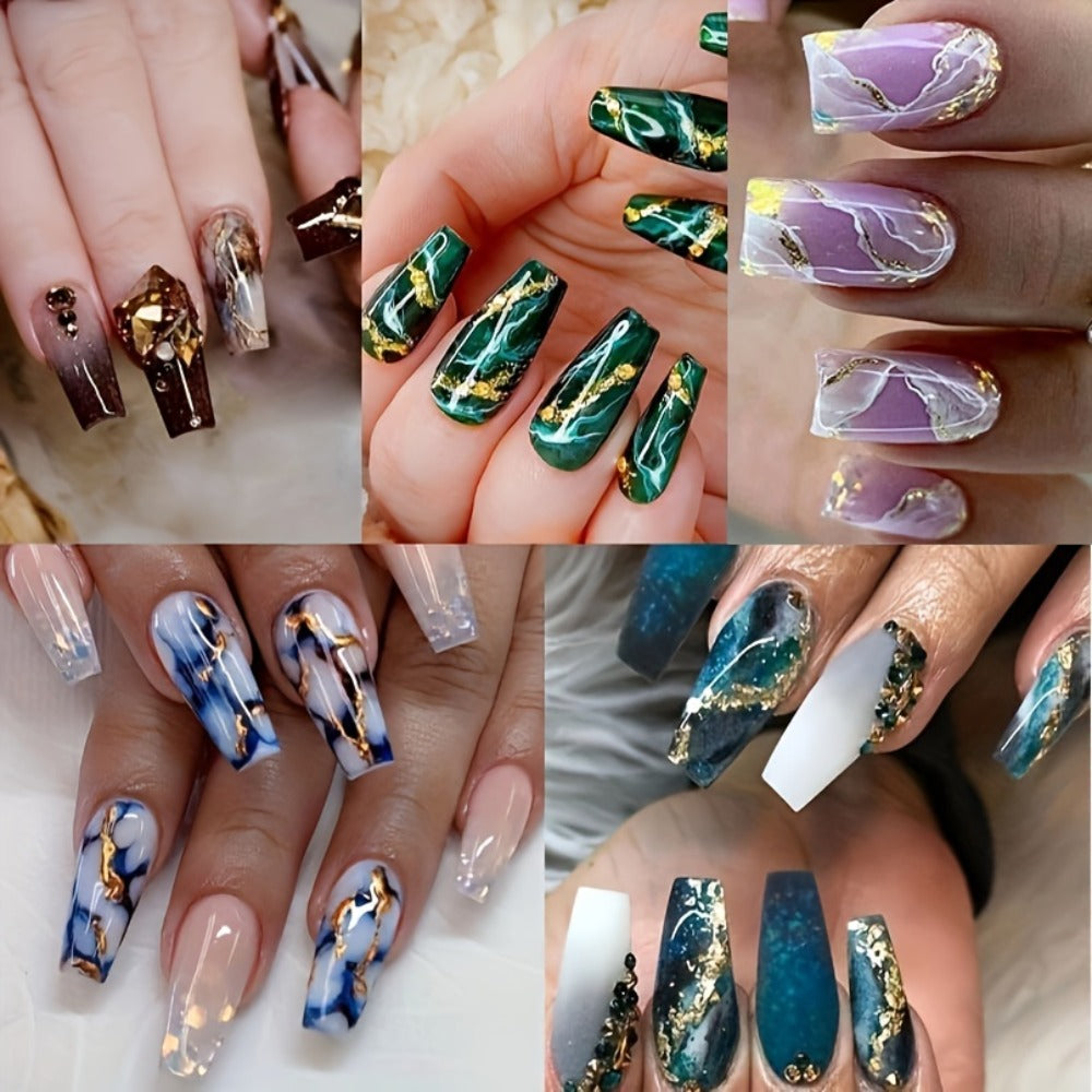 Coffin Nails 144 Pieces 6 Packs Medium Blue Marble Sequins Glossy Press On Nails – Full Cover Acrylic Fake Nails with Nail Glue Included Nude & Blue False Nails for Women Girls - product image 8