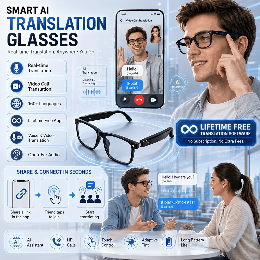 2026 AI Smart Translation Glasses, 160+ Languages Real-Time & Video Translation, Photochromic Blue-Light Lenses, Open-Ear Audio, Touch Control, Hands-Free Calls & Music