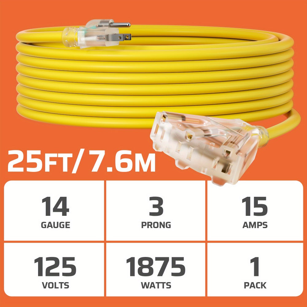 Extension Cord 25FT Heavy Duty Outdoor Indoor 14/3 SJTW Yellow 3-Outlet Tri-Tap Splitter with LED Lighted Plug 15A 1875W Grounded Power Cord for Workshop Garage Job Site Constructi - product image 2