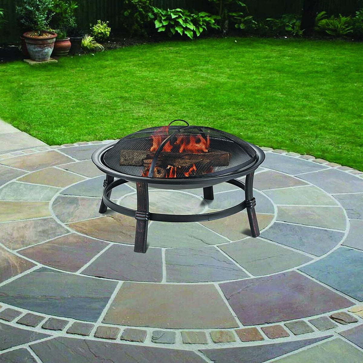Wood Burning Fire Pit Bowl 29 Inch Outdoor Steel Fireplace with Spark Screen & Poker for Patio Backyard Deck Bonfire, Black - product image 5