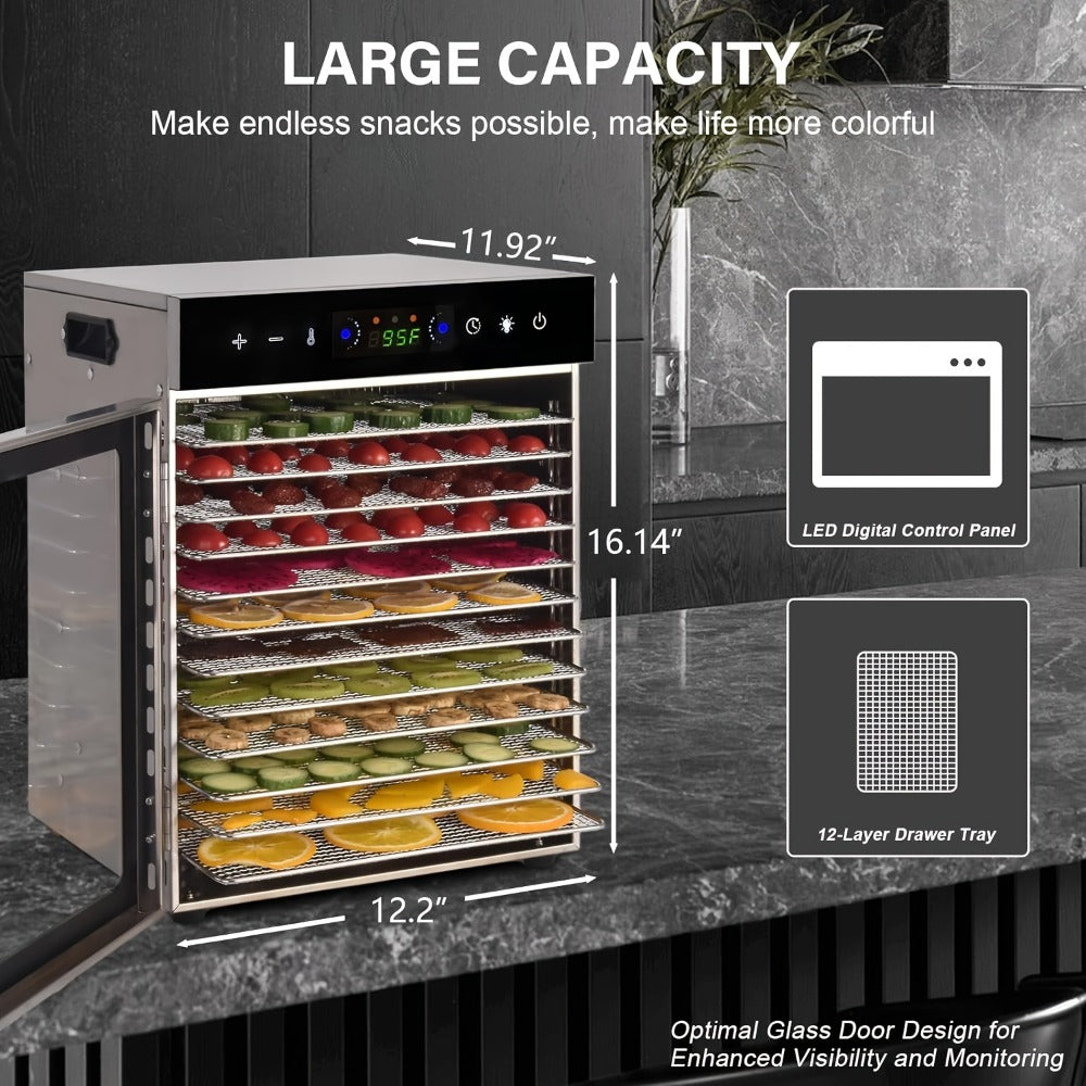 Food Dehydrator 12 Stainless Steel Trays 800W 24H Digital Timer 86-194°F Temperature Control 360° Hot Air Circulation for Jerky Fruit Herbs Vegetables with Recipe Book - product image 2