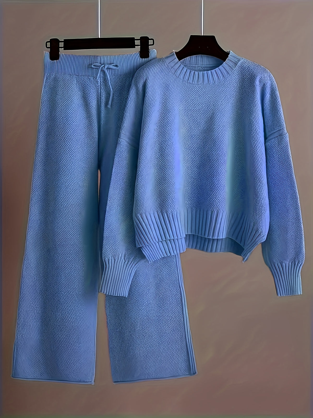 Authentic - Women's Early Autumn Comfortable and Breathable Waffle Texture Two-Piece Set: Round Neck Shoulder- Long Sleeve Hoodie, High-Waist Wide-Leg - product image