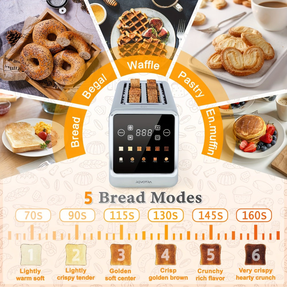 4-Slice Toaster Long Slot Stainless Steel – Touch Screen LED Display, 1.5" Wide Slots, Countdown Timer, Memory Function, Dual Control, 6 Shade Settings - product image 6
