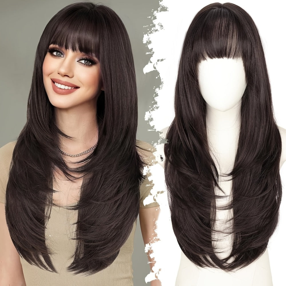 Curtain Bangs Lace Front Wig Synthetic Glueless 26 Inch Long Straight Pre-Bleached Realistic Scalp Natural Hairline 5 Colors Daily Wear Women - product image 2
