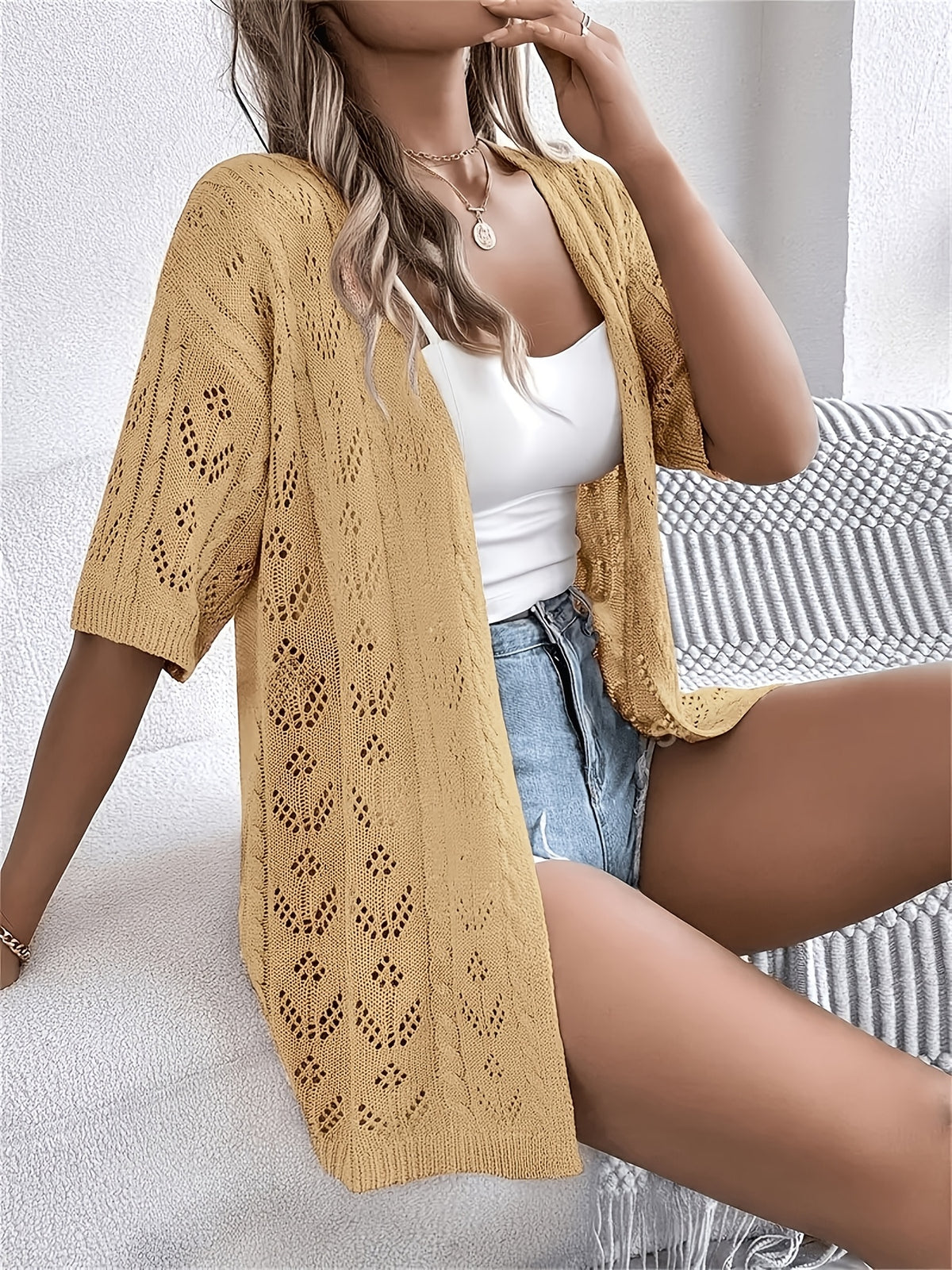 Plus Size, Plus Size Women's Lightweight Lace- Cardigan - Open Front Semi-Sheer Cover-Up with Cut-Out Design, Casual Chic Spring/Summer Beachwear for Vacation - product image 6