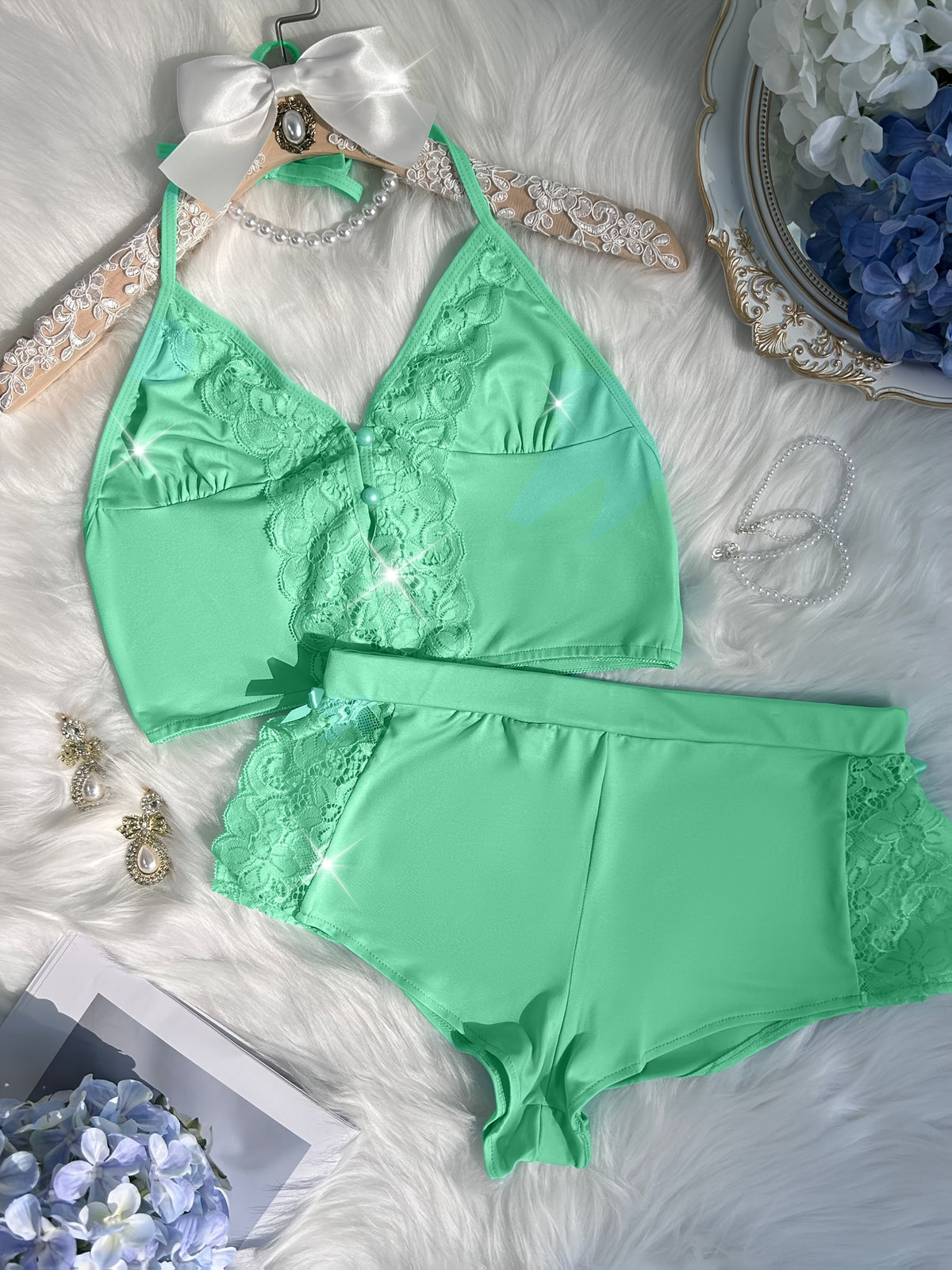 Solid Color Lace Splicing Halter Neck Tie Backless Button Splicing Bilateral Side Opening Lace Splicing Soft -friendly Sexy Home Pajamas Set - product image 30