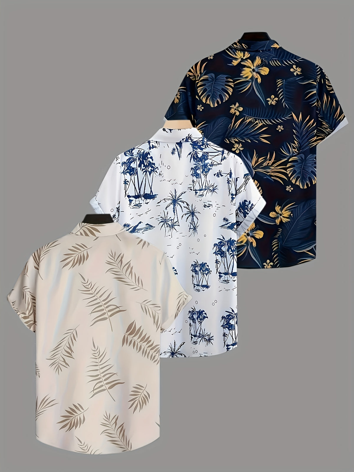 3pcs Men's Tropical Floral & Palm Tree Print Short Sleeve Shirts - Casual, Comfortable Summer Button-Up Dress Shirts in Black, White, & Beige - Perfect Gift for - product image 4