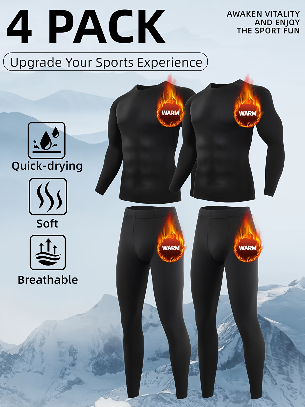 Christmas 4pcs Men's Thermal Underwear Set Fitness, Sports & Casual Outfit, Men's Lined Long Sleeve Base Layer Winter Fitness Top, Quick Dry Running Trousers - product image 8