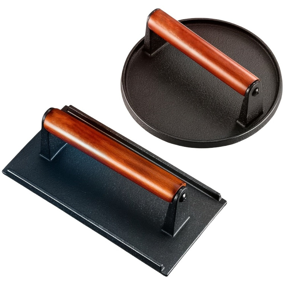 Cast Iron Burger Press Kit 2pcs - Round & Rectangular Heavy Duty Meat Press with Wooden Handle for Smash Burgers, Sandwiches, BBQ, Camping - product image