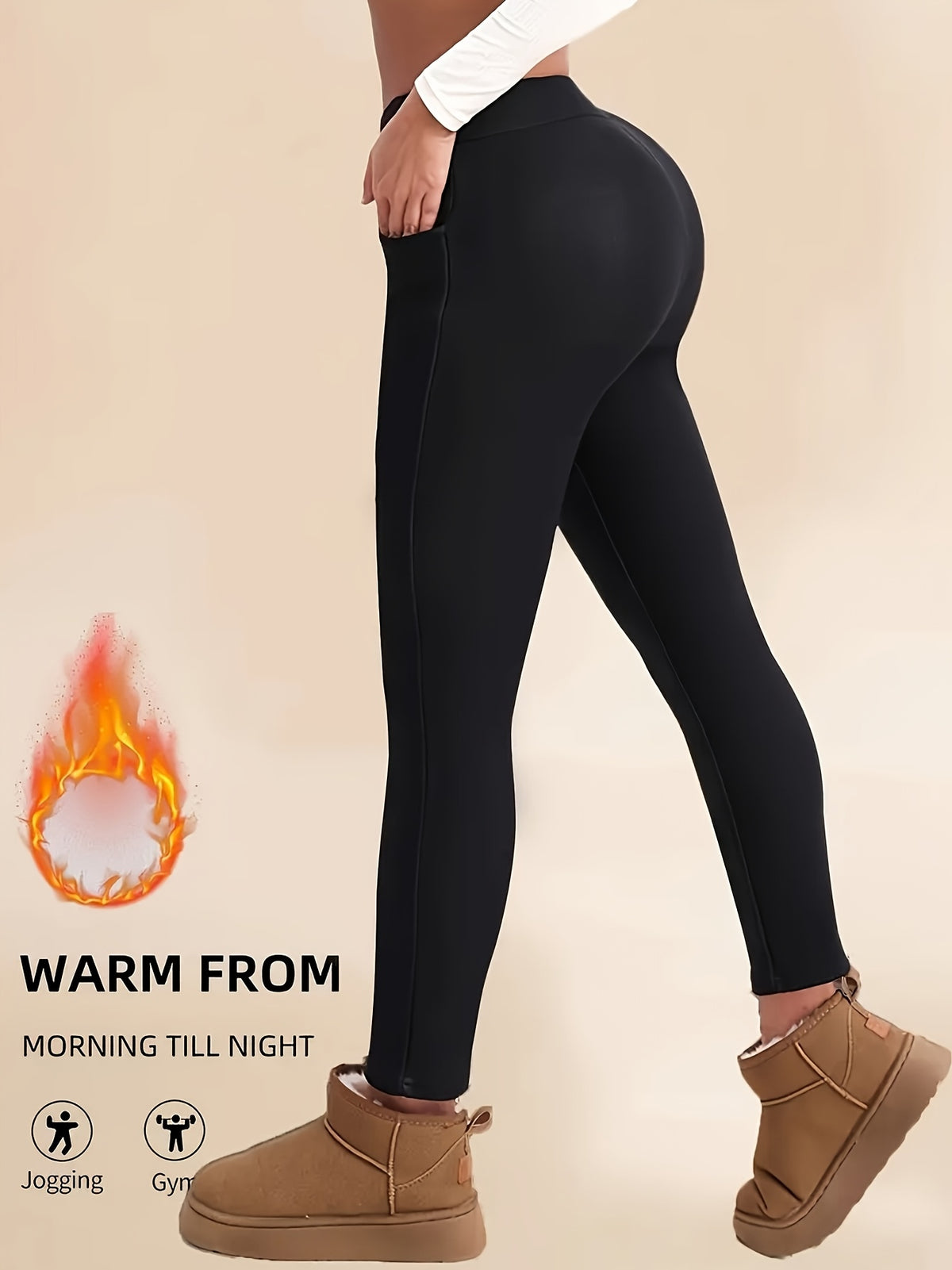 1 Pair Women's High-Waisted Thermal Long Pants, Elastic Warmth with Stretch Waistband Detail, Solid Color, Fabric, Autumn/Winter Collection