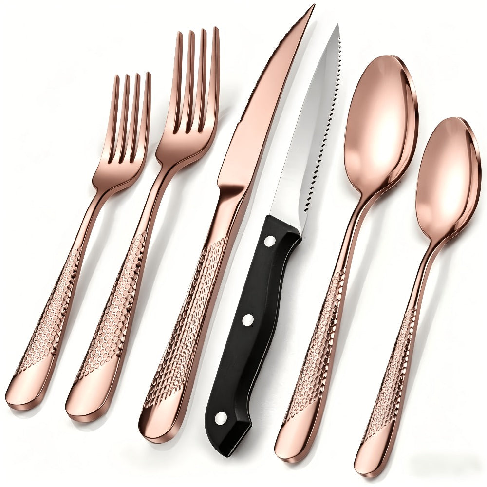 Stainless Steel Flatware Set 40/48 Piece – 304 Silverware Set for 8 Hammered Mirror Polished Rose Gold Cutlery with 2-in-1 Serrated Knife Dishwasher Safe Modern Utensils for Home R - product image 5