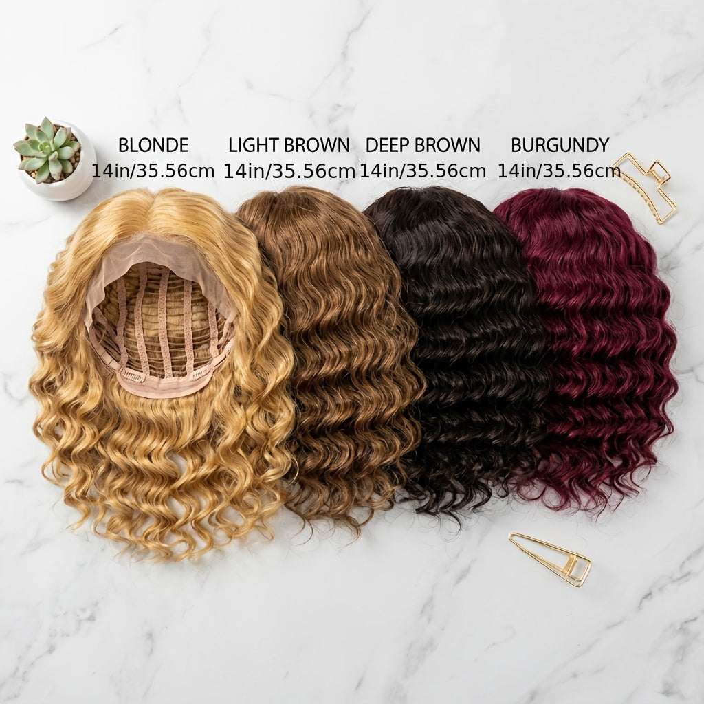 Glueless Deep Wave Curly Bob Wig with Rose Net Cap 14 Inch No Glue Secure Fit Short Curly Synthetic Wig for Women Burgundy Golden Dark Brown Light Brown - product image 21