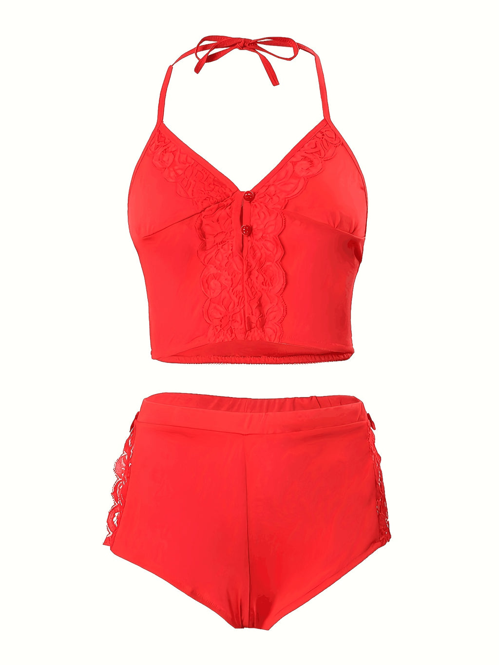 Solid Color Lace Splicing Halter Neck Tie Backless Button Splicing Bilateral Side Opening Lace Splicing Soft -friendly Sexy Home Pajamas Set - product image 11