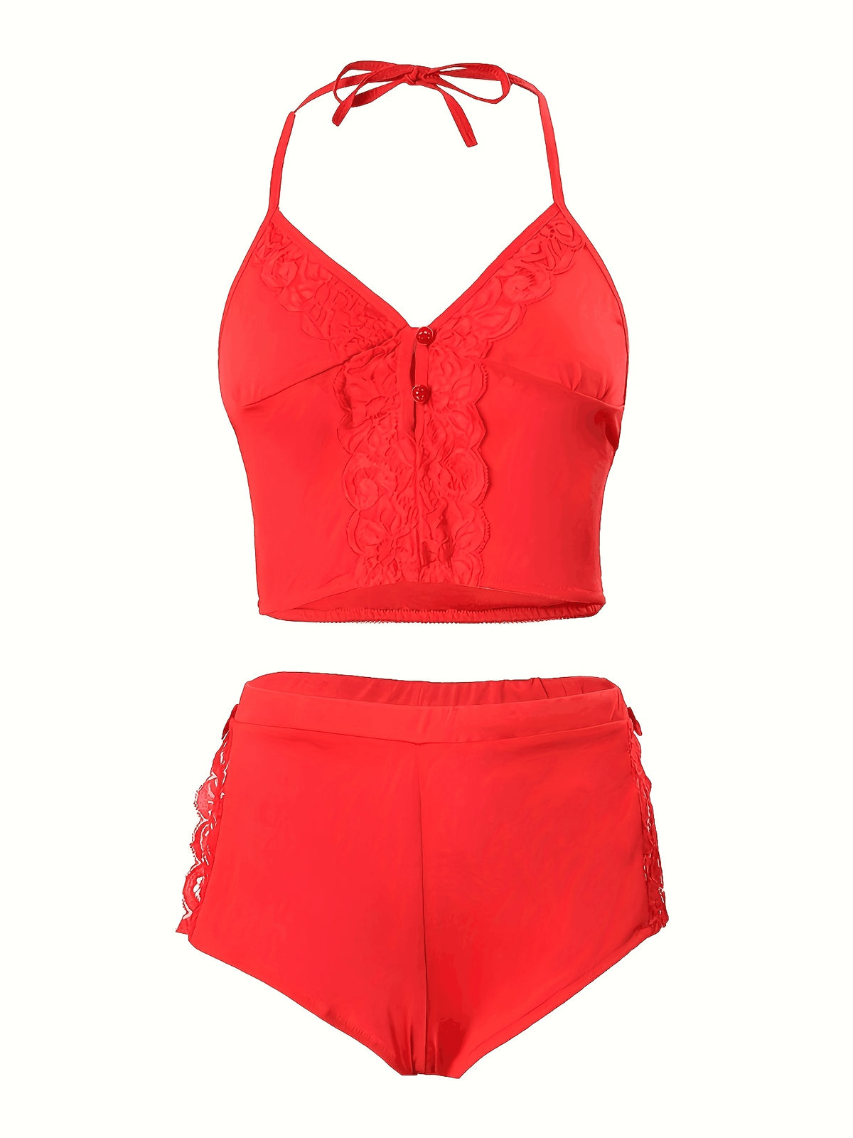 Solid Color Lace Splicing Halter Neck Tie Backless Button Splicing Bilateral Side Opening Lace Splicing Soft -friendly Sexy Home Pajamas Set - product image 11