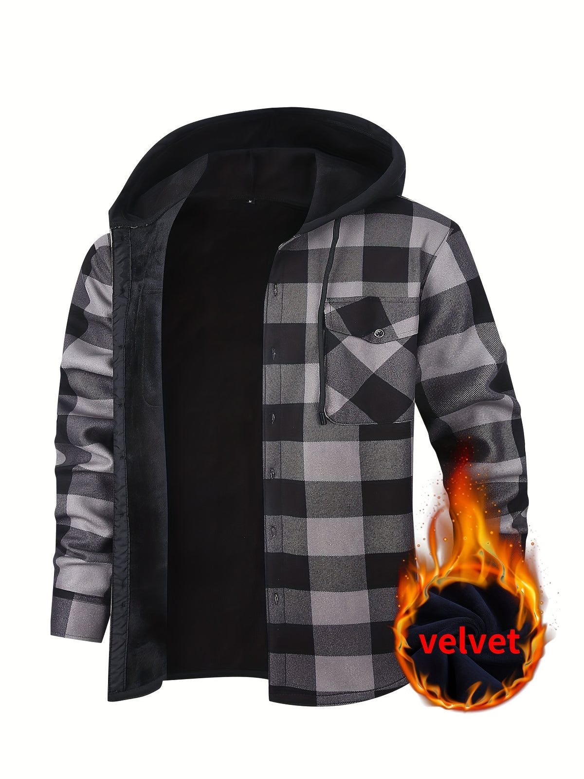 Men's Heavy-Duty Flannel Jacket - Thermal Insulated Hooded Coat with Front Pockets, Blue Black Plaid Work Jacket for Logging, Winter Outdoor Jobs, Construction - Cold Weather Outerwear by ESEA