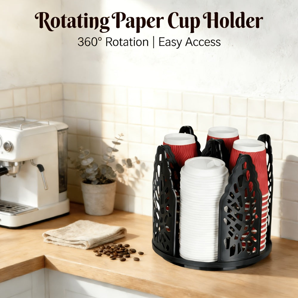 Rotating Paper Cup Holder with 4 Compartments - Disposable Coffee Cup Dispenser Organizer Detachable Lid Storage Box for Countertop Kitchen Coffee Station Bathroom | White Black - product image