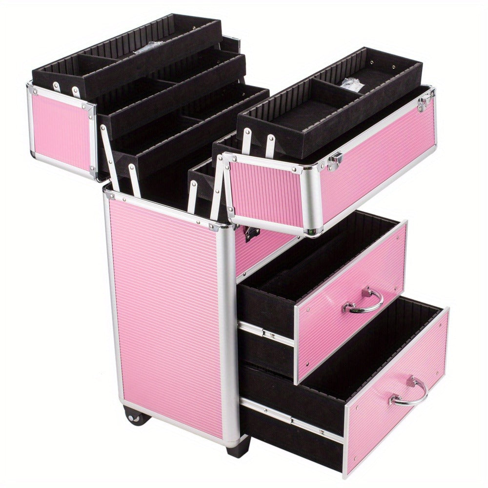 Makeup Train Case 4 Tier Lockable with Extendable Trays Large Capacity Cosmetic Organizer Box for Makeup Artists Salon Professional Beauty Storage Portable Travel Case Pink - product image 4