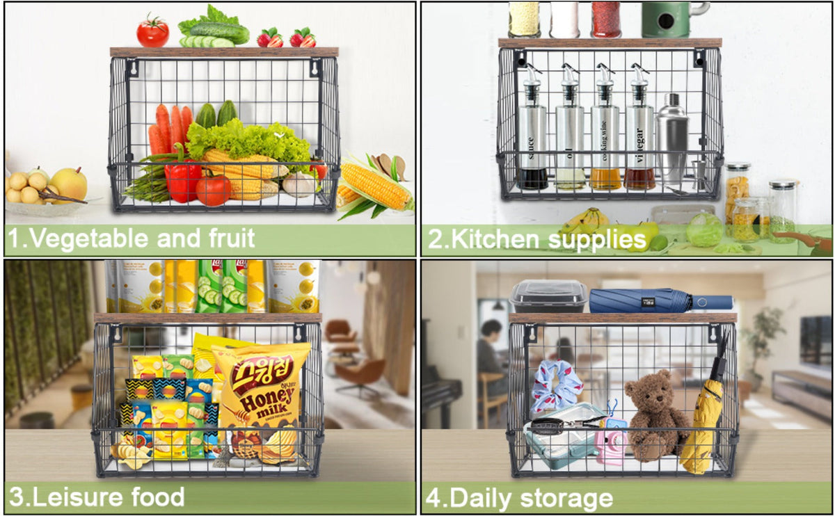 Stackable Metal Wire Fruit Basket with Lid – 1 or 2-Tier Hanging Kitchen Pantry Storage Bin, Wall-Mounted or Countertop Vegetable Organizer for Potato, Onion & Produce, Black - product image 19
