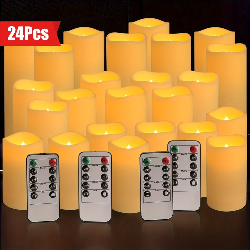 Flameless LED Candles 24pcs with 4 Remote Controls Timer Waterproof IP44 Battery Operated 4 5 6 Inch Warm White for Wedding Halloween Home Decor Indoor Outdoor - product image