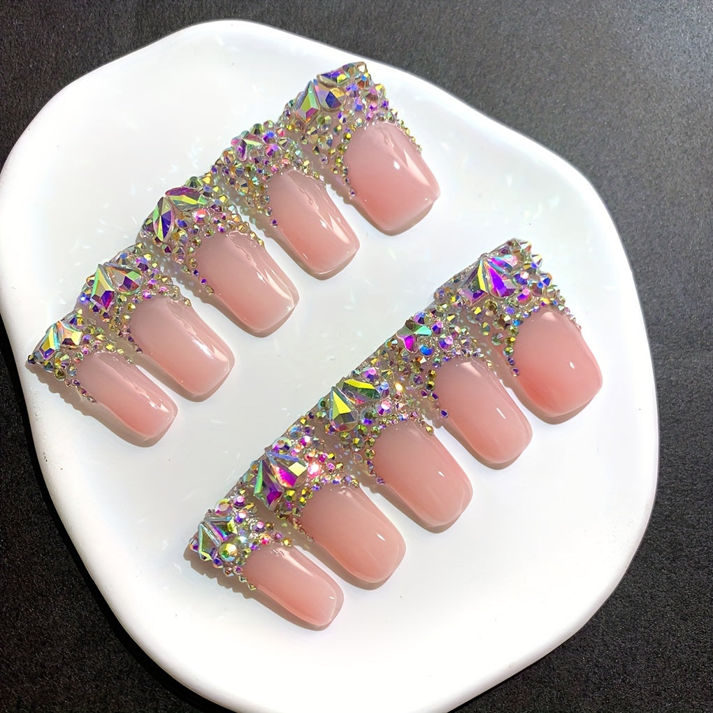 Press On Nails Duckbill French Tip AB Diamond Shiny Nude – Long Handmade Wearable Nail Set 10pcs with Tools for Wedding Party Date School S/M/L - product image 15