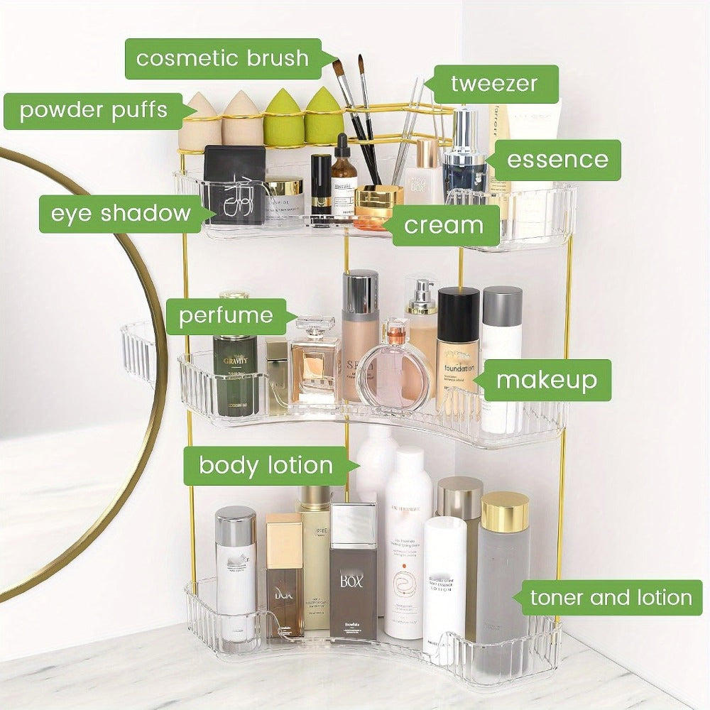 Bathroom Corner Shelf Organizer 2-in-1 Tiered Makeup Skincare Storage with Brush Holder No-Tool Install Space-Saving Countertop Vanity Dresser Kitchen Organizer Women - product image 4