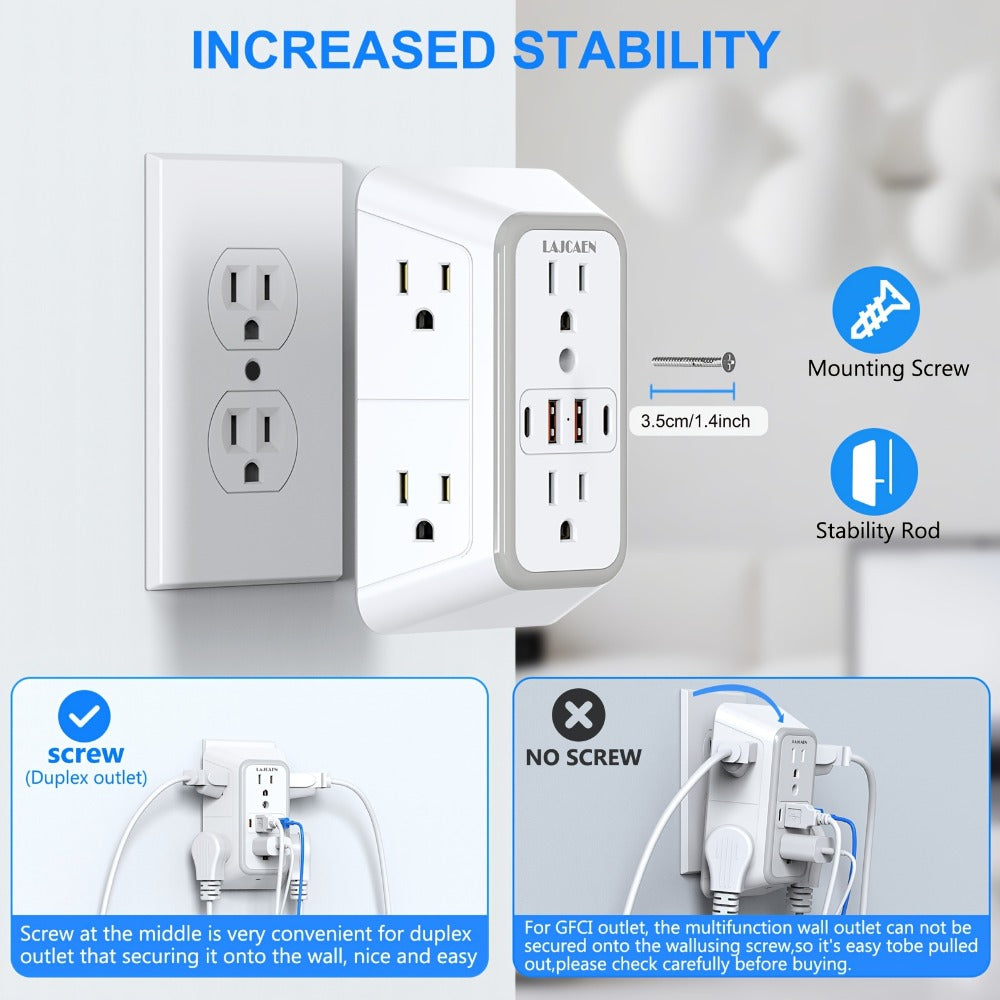 Outlet Splitter Wall Expander 10-in-1 with 6 AC Outlets 2 USB-A 2 USB-C Ports 3-Sided Plug Extender Surge Protector Night Light Compact Space-Saving Design for Home Dorm Apartment  - product image 13