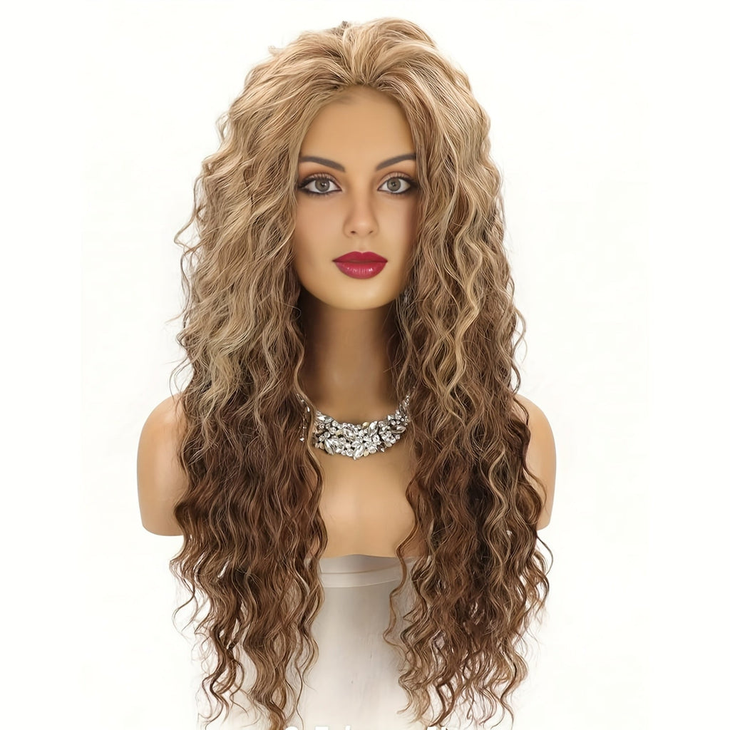 Ombre Dark Root Curly Wig Long Wavy 30 Inch Synthetic Middle Part Ash Blonde Brown Gradient Orange Voluminous Party Halloween Daily Wear Women - product image 10
