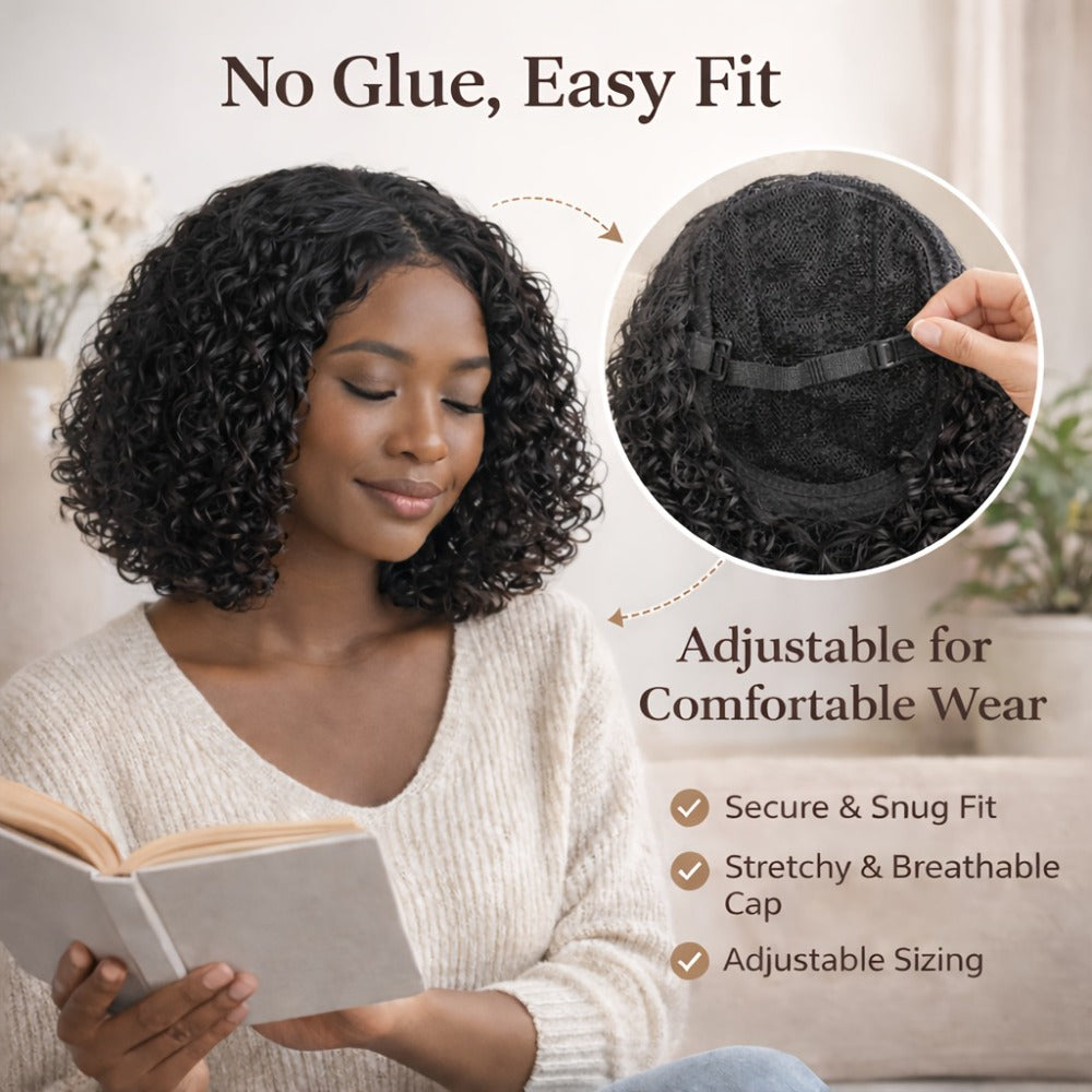 Glueless Deep Wave Curly Bob Wig with Rose Net Cap 14 Inch No Glue Secure Fit Short Curly Synthetic Wig for Women Burgundy Golden Dark Brown Light Brown - product image 4