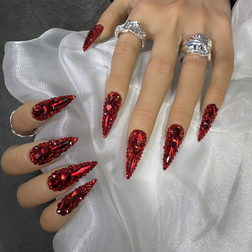Long Press On Nails Water Drop Shape 10pcs 1.3 Inch Y2K Big Red Glass Glitter Luxury Handmade Reusable Salon Quality Spring Summer Wedding Party Birthday Gift Fake Nails S M L Size - product image 9