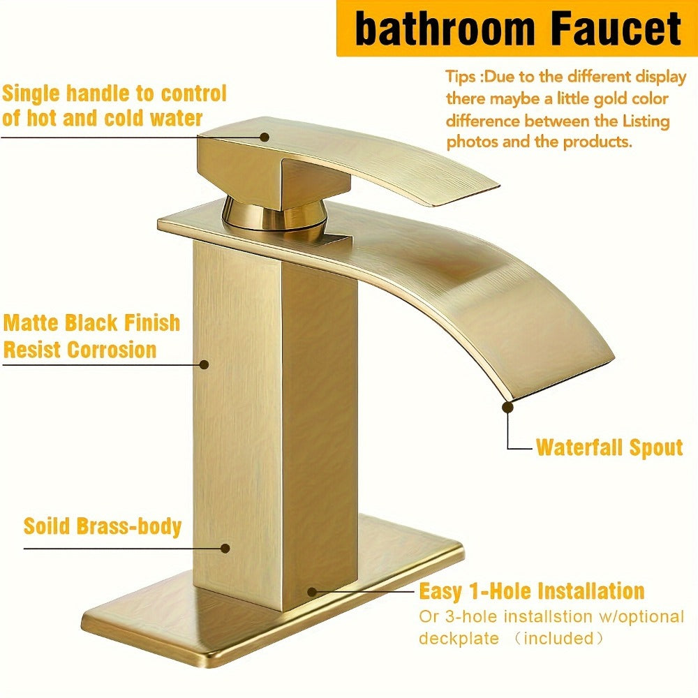 Waterfall Bathroom Sink Faucet, Single Hole or 3-Hole Mixer Tap with 6" Deck Plate, Ceramic Valve, Vanity Faucet for Farmhouse RV Bathroom, Brushed Gold Matte Black Nickel Chrome - product image 2
