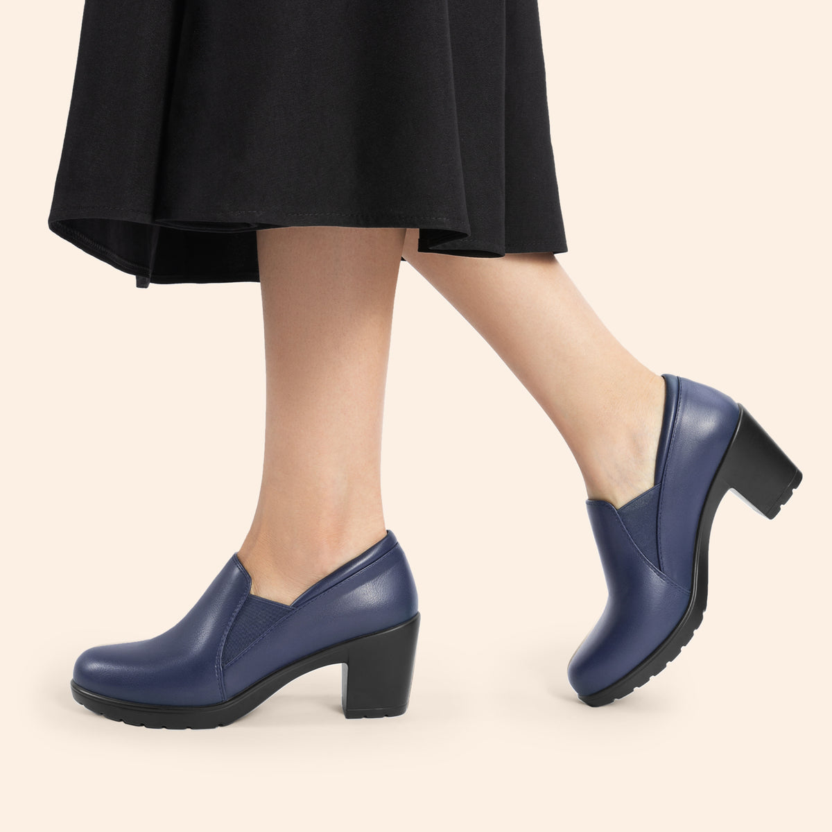 Women's Low Chunky Block Heel Slip-On Pumps - Round Toe Dress Loafers with Cushioned TPR Sole, Low Block Heels Suitable for Office, Business, Casual Wear