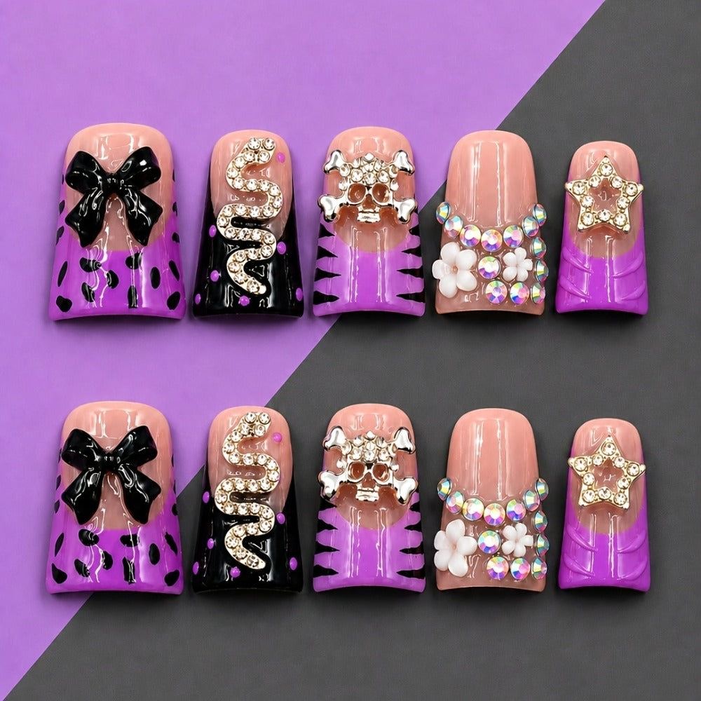 Leopard Skull Press On Nails Short Duckbill 10pcs – Handmade Rhinestone Zebra Bowknot Snake Acrylic Nail Kit with Tools | Edgy Party Daily Wear Nail Art for Women S M L 2026 Trends - product image 3
