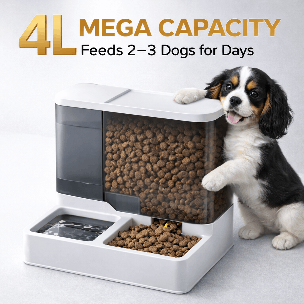 2.8L Food Container + 1L Water Tank, Dual Bowl Automatic Feeding Station, No Electricity, Visible Storage for Small & Medium Dogs – Gravity Dog Feeder - product image