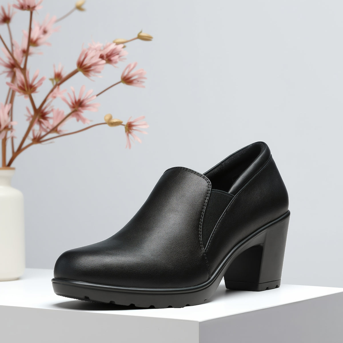 Women's Low Chunky Block Heel Slip-On Pumps - Round Toe Dress Loafers with Cushioned TPR Sole, Low Block Heels Suitable for Office, Business, Casual Wear