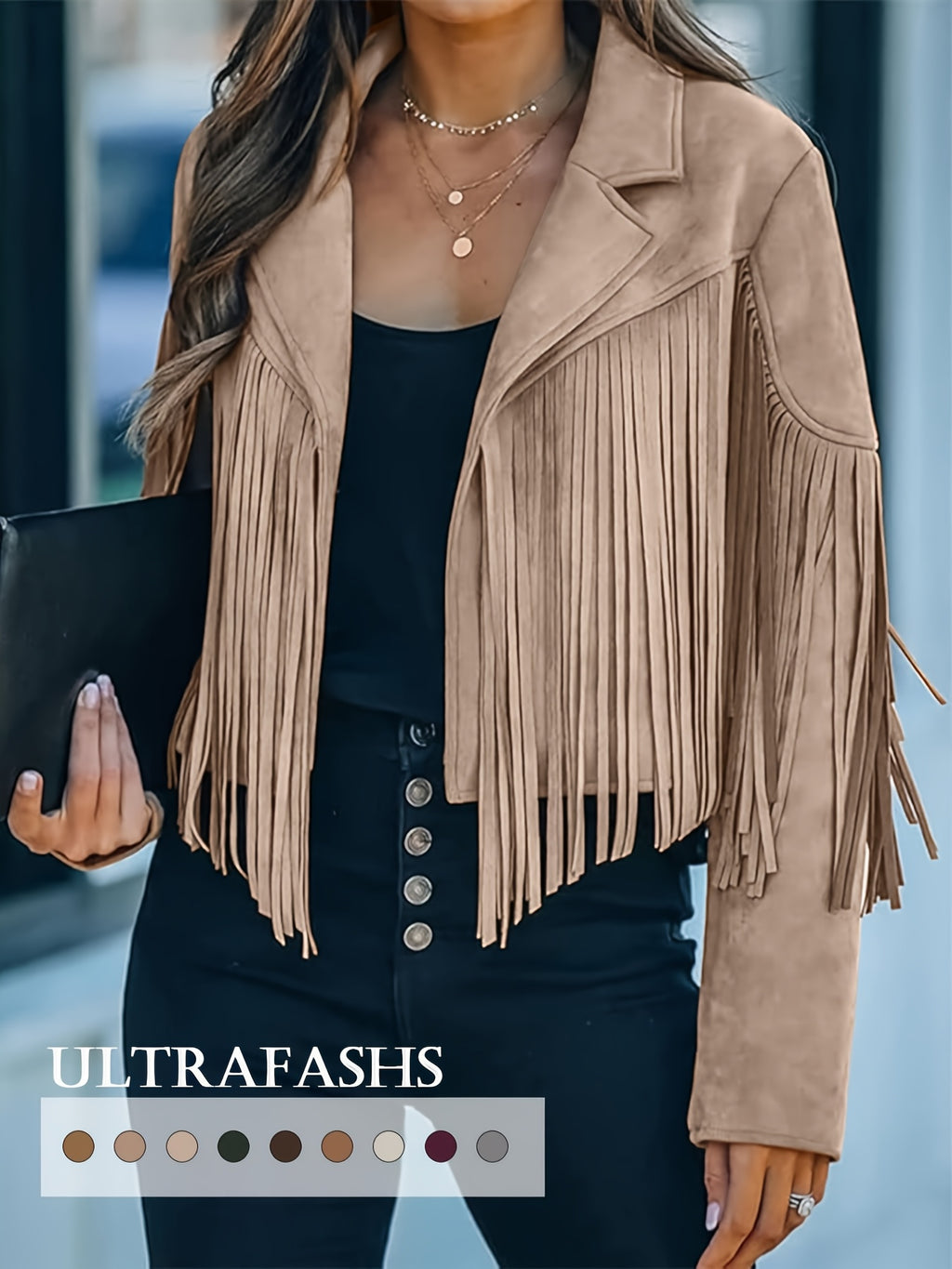 Women's Faux Fringe Jacket, Motorcycle Short Outerwear, 2026 Western Style Fashion Autumn/Winter Long Sleeve Denim Cardigan Jacket, Deer Velvet Faux Fringe - product image 19