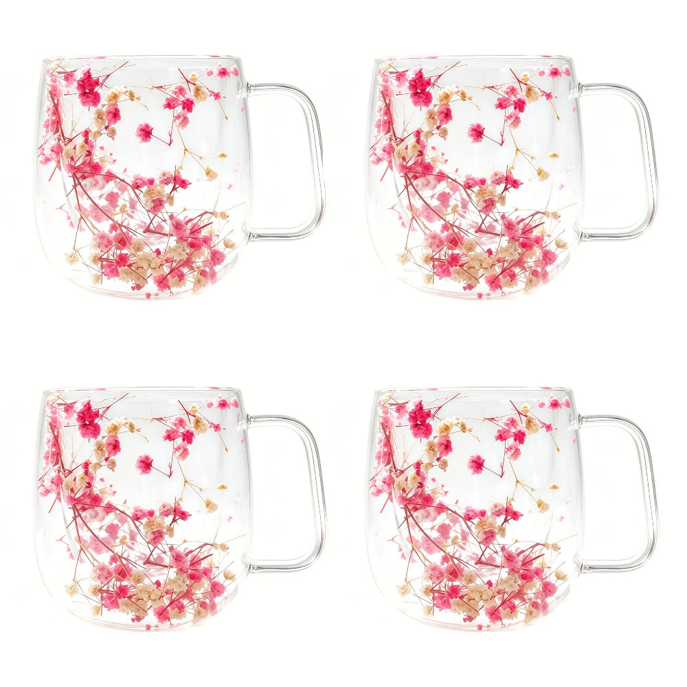 Double Wall Glass Coffee Cups with Handle Set of 4 – Borosilicate Thermal Mugs for Latte Cappuccino Tea | Dried Flower & Petal Design Transparent Drinkware for Office Home Gifts - product image 5