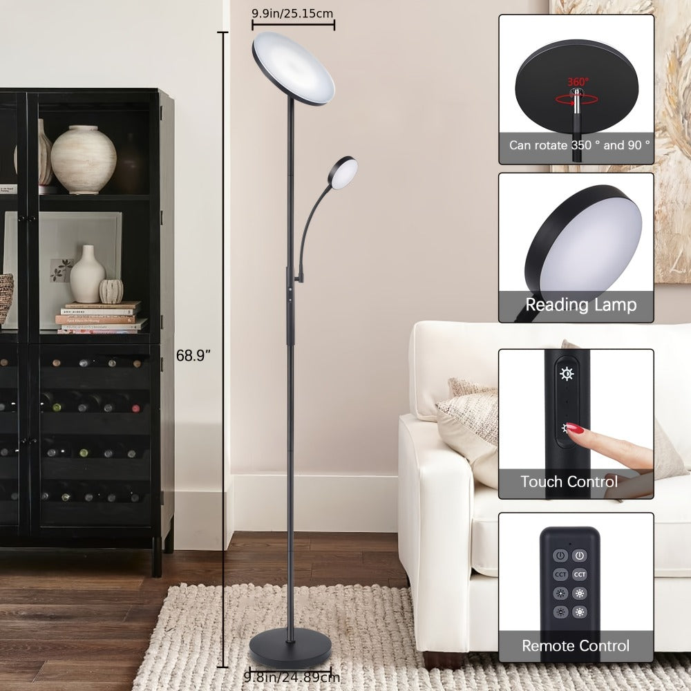 LED Floor Lamp with Reading Light – 27W 2300LM Dimmable Torchiere Standing Lamp, 4 Color Temperatures, Remote & Touch Control, Metal Base for Living Room Bedroom Home Office (Black - product image 4