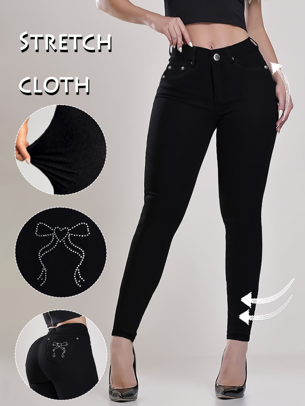 Women's Black High-Waisted Skinny Jeans - Stretchy Fabric, Button Accents, Multiple Pockets, Long Length, Casual Street Style, Allseason Pants, Casual - product image 2