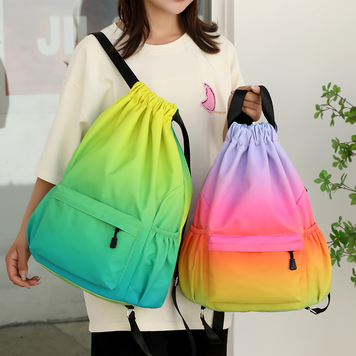 Drawstring Backpack Gym Bag | 4 Gradient Colors | Large Capacity Nylon Cinch Sack with Strap Pocket, Lightweight Training & Outdoor Travel Bag for Men Women