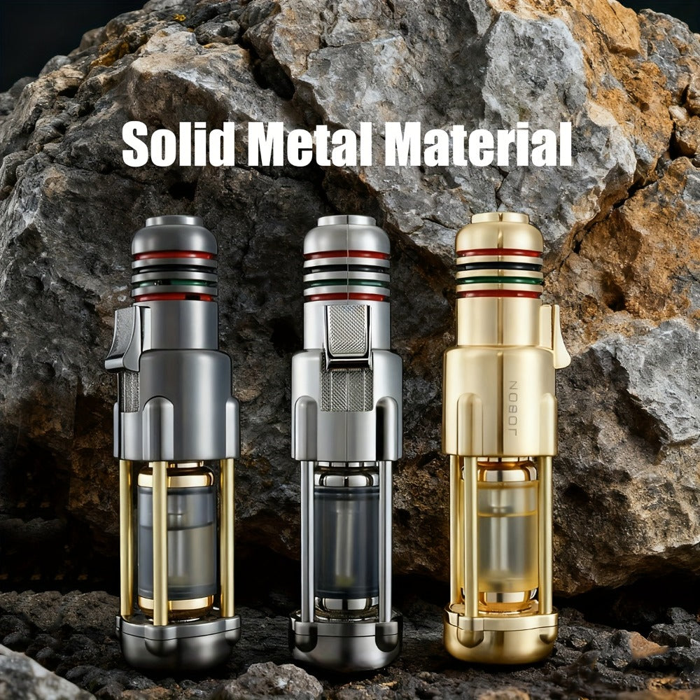 Butane Torch Lighter Windproof Jet Flame Zinc Alloy Refillable – Visible Fuel Tank, Adjustable Blue Flame, Rocket Design for Camping, BBQ, Cigar & Outdoor Use, Grey & Golden (No Bu - product image 10