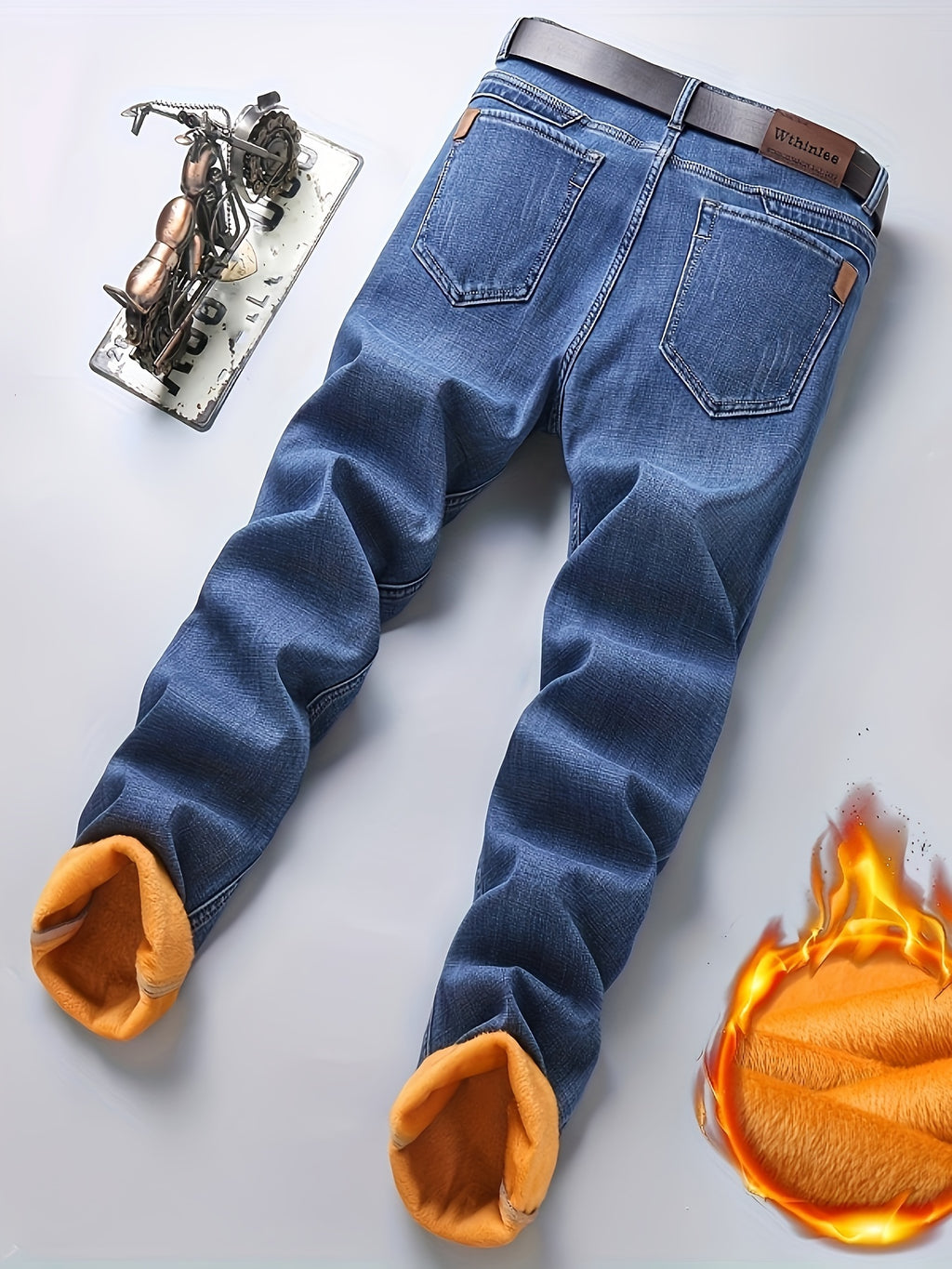 Men's High-Waisted Straight-Leg Winter Jeans - Thickened -Lined Warmth, Washed Denim Texture, Solid Blue Casual Pants for Cold Weather, Cold Weather Apparel - product image 8