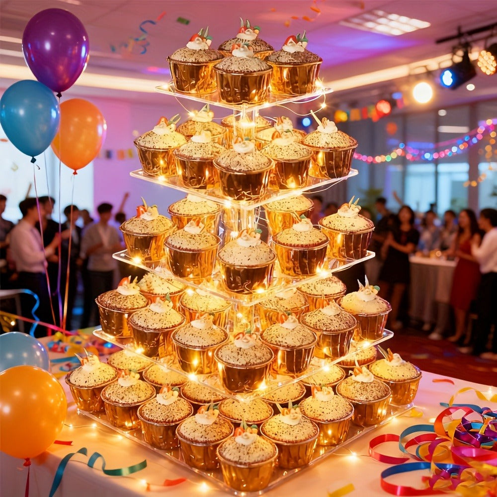 5-Tier Acrylic Cupcake Stand with LED String Lights – Square Dessert Display Tower for 60 Cupcakes Birthday Wedding Baby Shower Tea Party Elegant Transparent Cake Display Rack Easy - product image 12