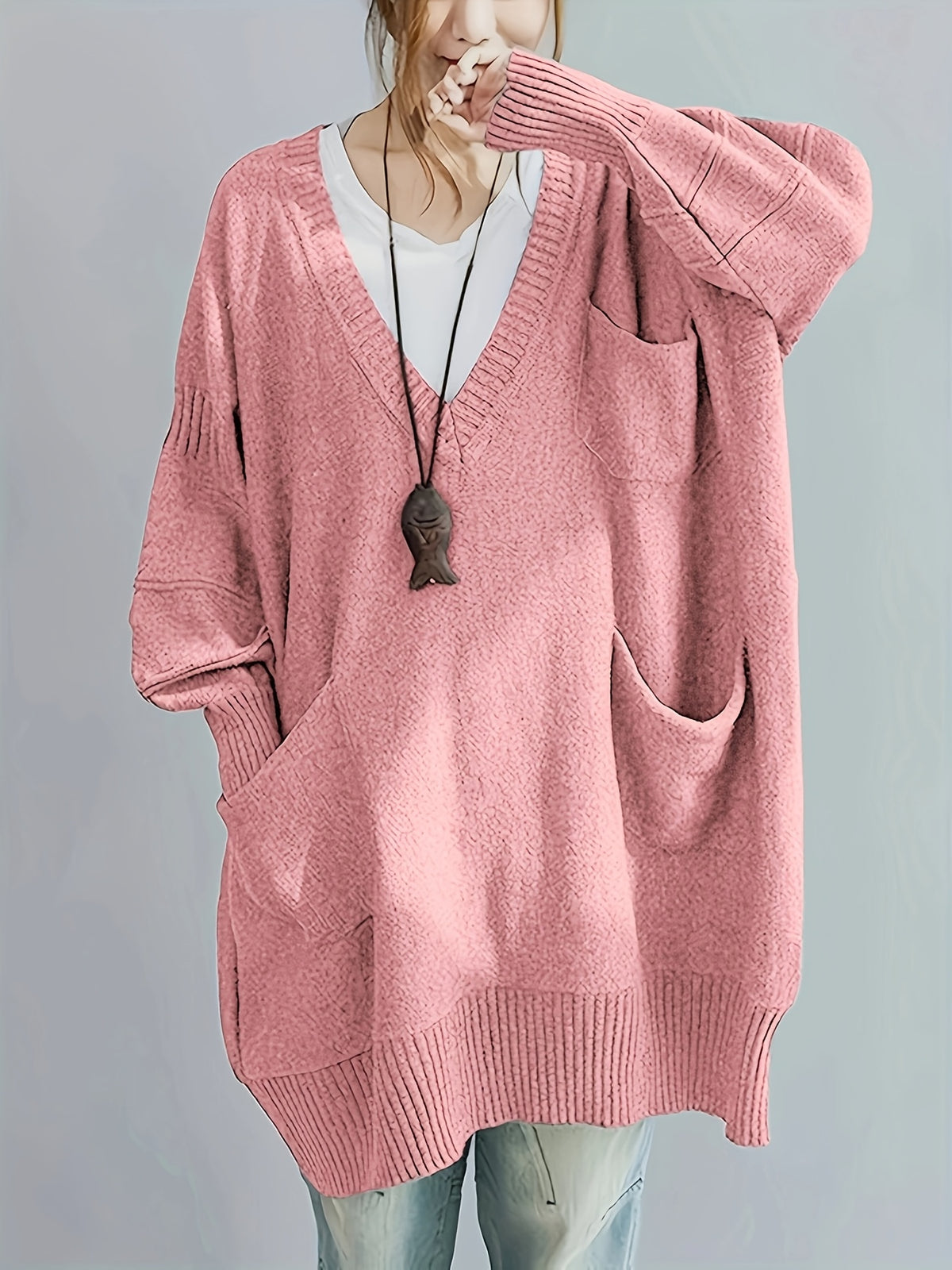 Plus Size, Women's Plus Size Oversized V-Neck Longline Sweater - Soft Machine-Washable Black Pullover for Fall Winter, Elegant Loose Fit Casual Chic Wardrobe - product image 7