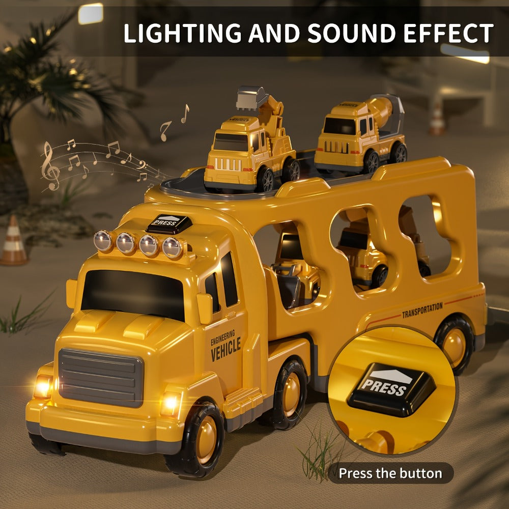 Construction Carrier Truck Toy Set for Kids Ages 3-7 | Large Transport Truck with 4 Mini Engineering Vehicles Excavator Crane Cement Mixer Bulldozer Friction - product image 4