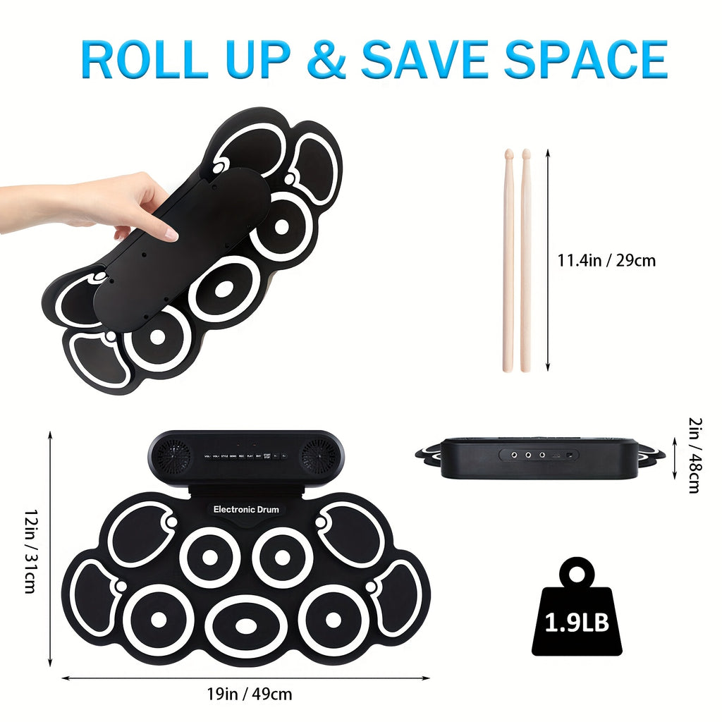 Electronic Drum Set, 9-Pads Roll-Up Electric Drum Pad Kit with Headphone Jack 10Hrs Playtime Built-in Speaker with Drumsticks Pedals, Xmas Birthday Gift for - product image 9