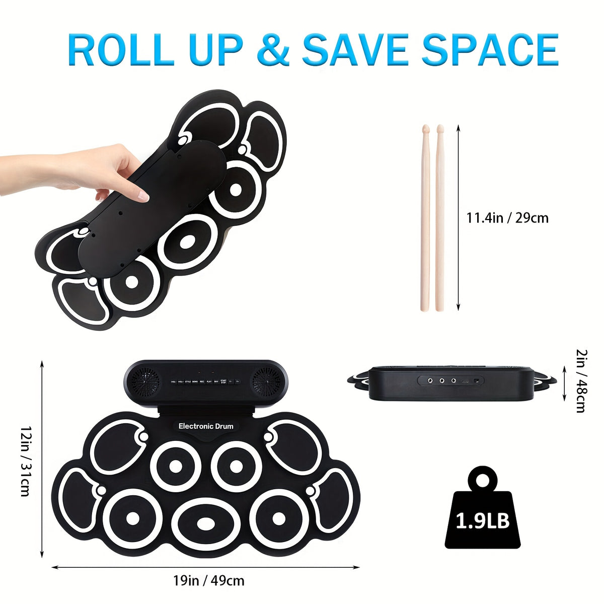 Electronic Drum Set, 9-Pads Roll-Up Electric Drum Pad Kit with Headphone Jack 10Hrs Playtime Built-in Speaker with Drumsticks Pedals, Xmas Birthday Gift for - product image 9