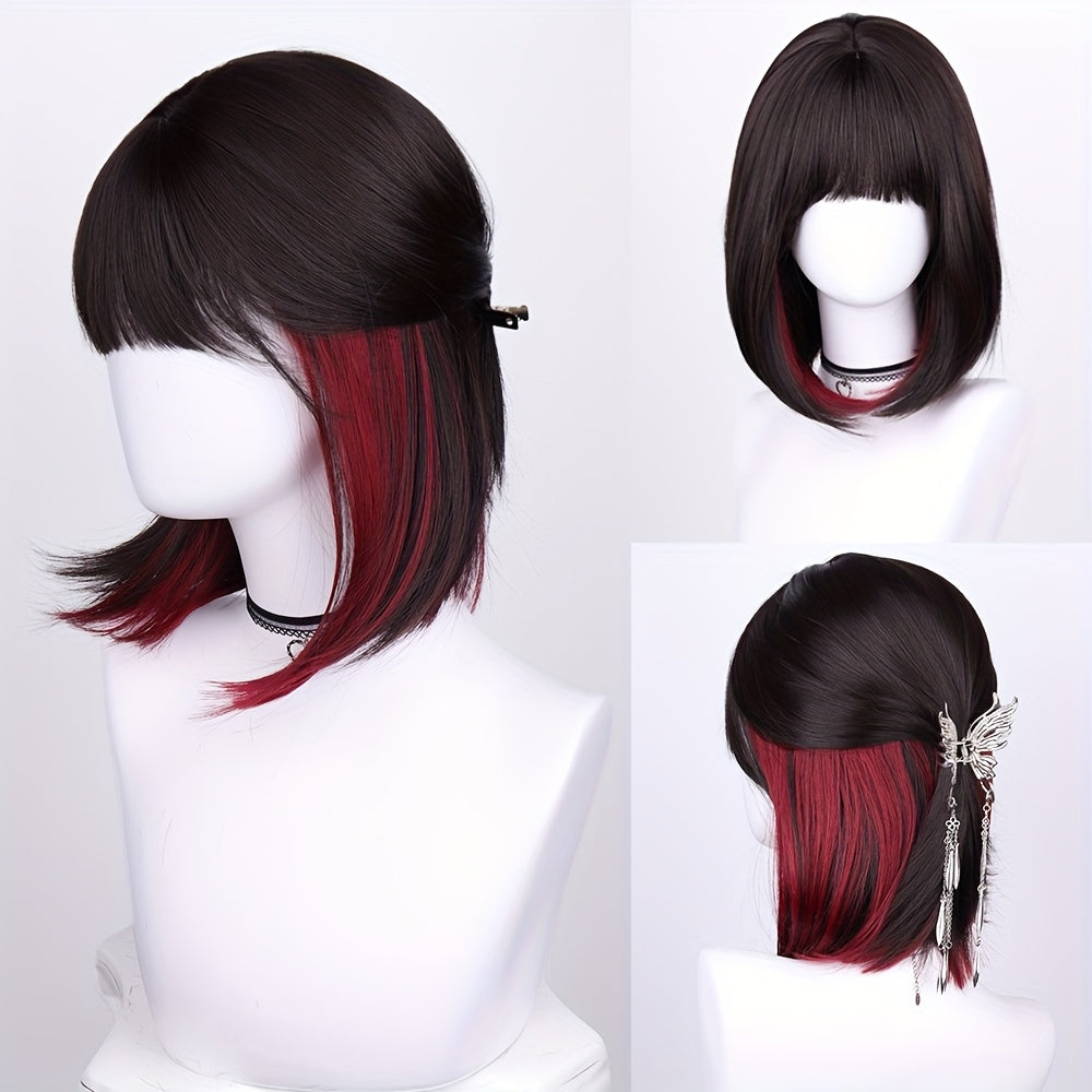 Ombre Synthetic Bob Wig with Bangs 150% Density 16 Inch Short Straight Rose Net Cap | Brown Black Wine Red Pink Green | Halloween Cosplay Party Music Festival - product image 11