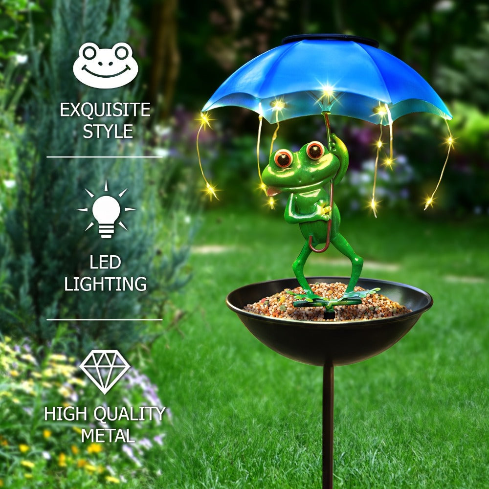 Solar Garden Decor Frog with Umbrella LED Light – Iron Frog Outdoor Statue with Solar Powered LED | Bird Feeder Garden Ornament for Patio, Lawn, Pathway & Deck | Unique Valentine G - product image 2