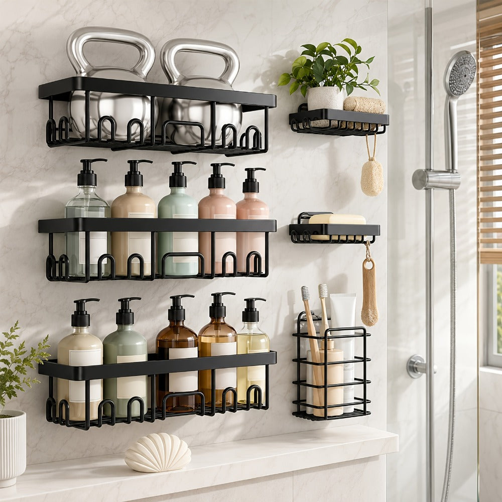 Shower Caddy Organizer Set 6 Piece No Drilling - Adhesive Wall Mounted Bathroom Storage Rack 13 Inch Toilet Paper Holder Soap Dish Toothbrush Holder Shower Shelf | Black | Kitchen  - product image